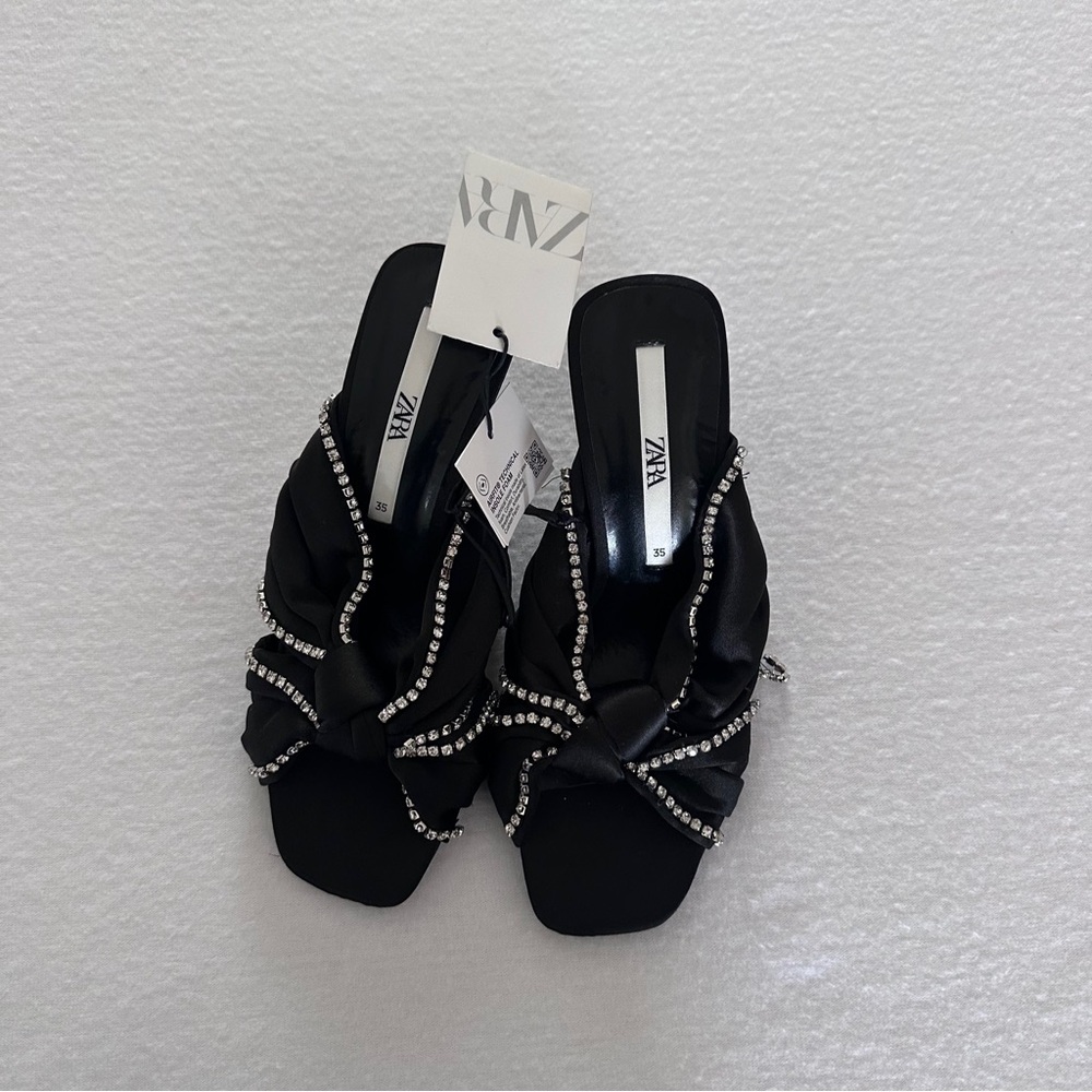 Zara Black Satin Knot Slide Sandals with Crystal Trim